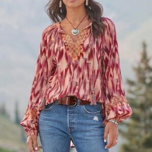 Sundance Distant Travels Blouse Top Berry Ikat Boho Petite XL PXL Long Sleeves